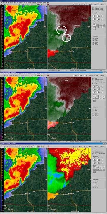 Reflectivity(L)  and storm-relative velocity(R) 08 Mar 2009. Two tornadic circulations in Wayne county, IL at 1739 UTC. The image depicts three different color scales to show ease of interpretation. The top storm-relative velocity image has the circulation in white circles and is a typical red/green color scale. The middle image uses the popular Ãƒï¿½Ã¯Â¿Â½Ãƒï¿½Ã‚Â¢Ãƒï¿½Ã‚Â¯Ãƒï¿½Ã‚Â¿Ãƒï¿½Ã‚Â½Ãƒï¿½Ã‚Â¯Ãƒï¿½Ã‚Â¿Ãƒï¿½Ã‚Â½BookbinderÃƒï¿½Ã¯Â¿Â½Ãƒï¿½Ã‚Â¢Ãƒï¿½Ã‚Â¯Ãƒï¿½Ã‚Â¿Ãƒï¿½Ã‚Â½Ãƒï¿½Ã‚Â¯Ãƒï¿½Ã‚Â¿Ãƒï¿½Ã‚Â½ velocity color scale, while the bottom image uses a local QLCS color scale. 