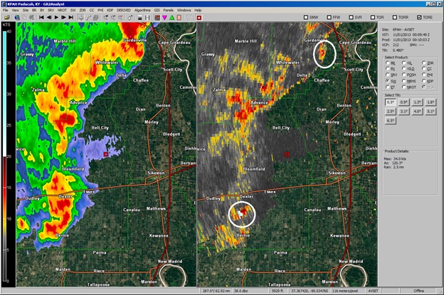 Reflectivity (L) and spectrum width (R) at 0009 UTC on 01 Nov 2013. The two circles on the  spectrum width indicate the location of values > 10.3 m s-1. Tornadoes were on the ground at both locations.