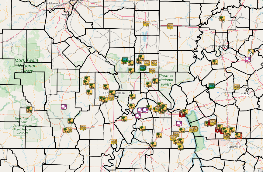 map of preliminary wind and hail reports