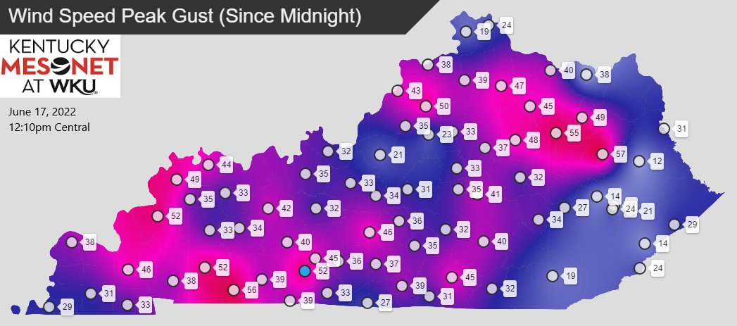 Peak wind gusts in Kentucky.
