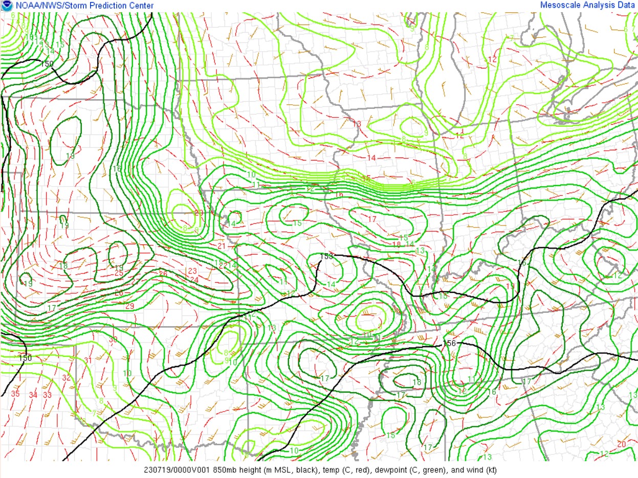 RAP 850 mb analysis at 7pm CDT July 18