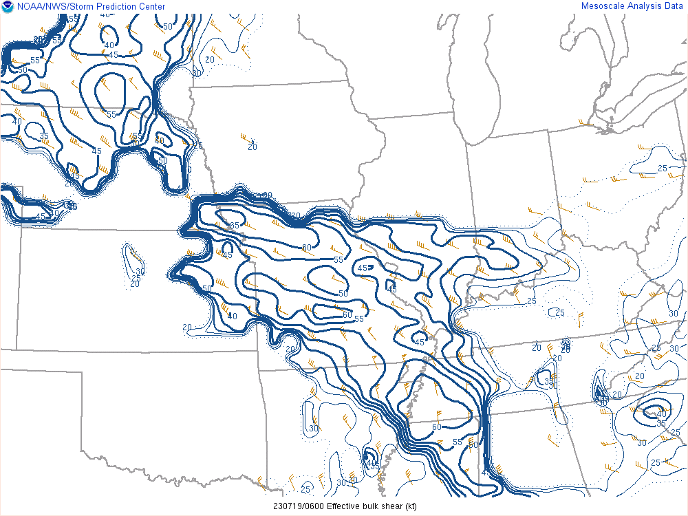 RAP effective bulk shear analysis at 1am CDT July 19