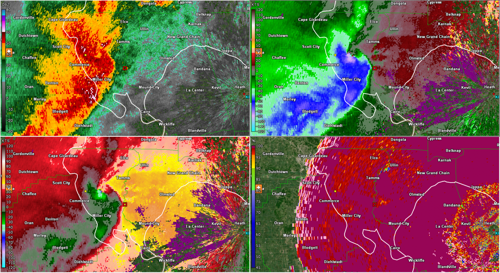 KPAH reflectivity, base velocity, storm relative velocity, and correlation coefficient at 2312 UTC on March 30, 2025