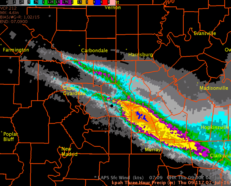 Three-hour radar rainfall estimate from Paducah radar