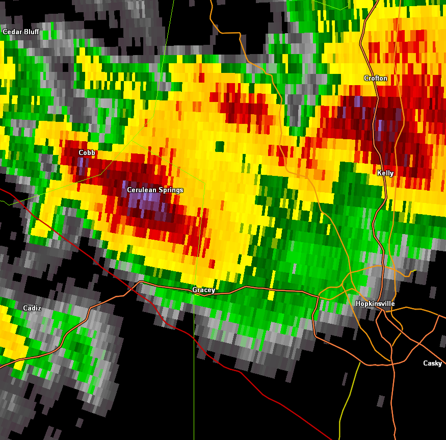 Radar image of hailstorm near Cerulean, KY in extreme northeast Trigg County