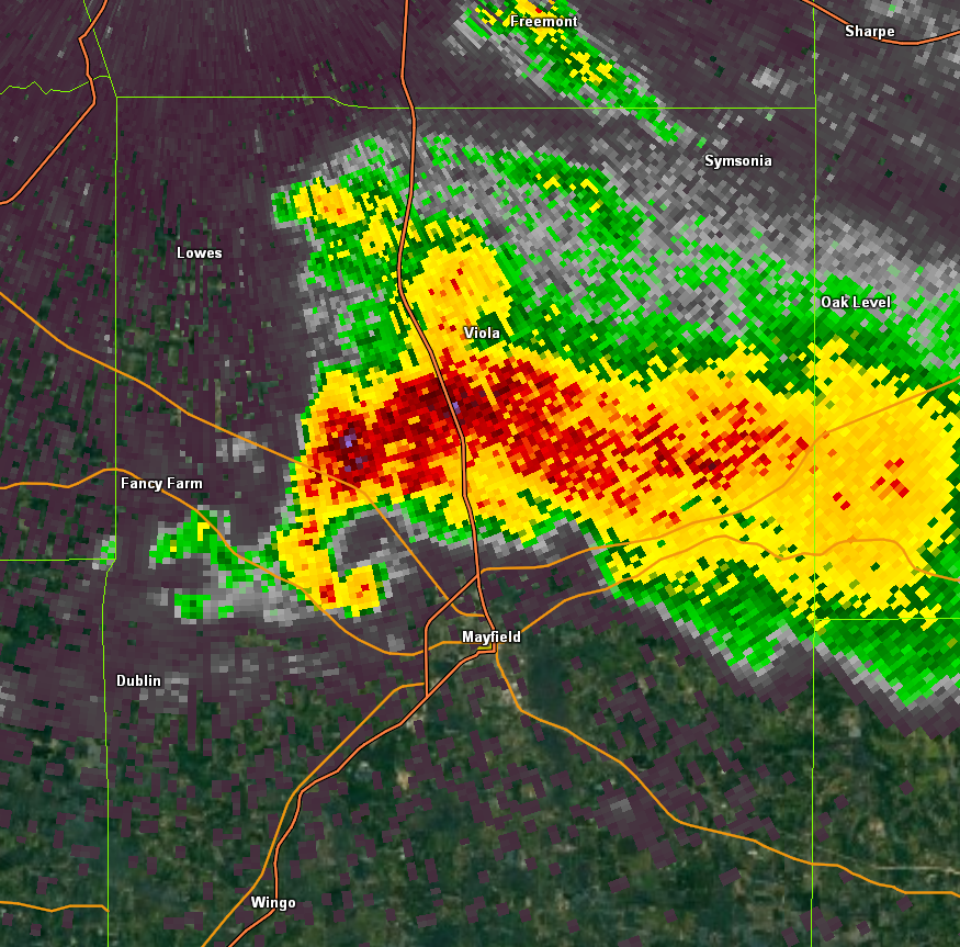 Base reflectivity from the Paducah radar as the tornado passed northwest of Mayfield