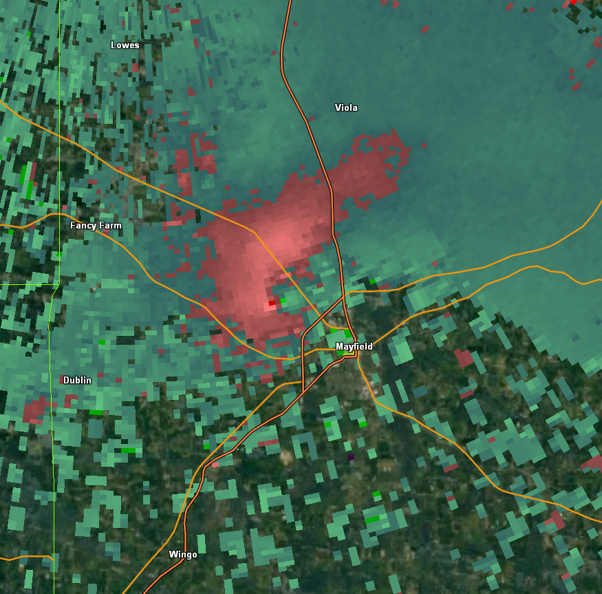 Storm-relative winds depicted by the Paducah radar at 3:49 P.M.