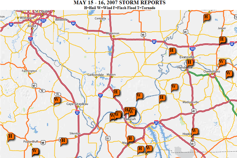 Map of wind and hail reports on May 15