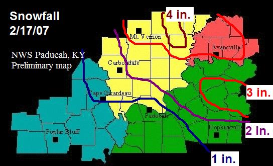 Map of snowfall accumulations on Feb. 17