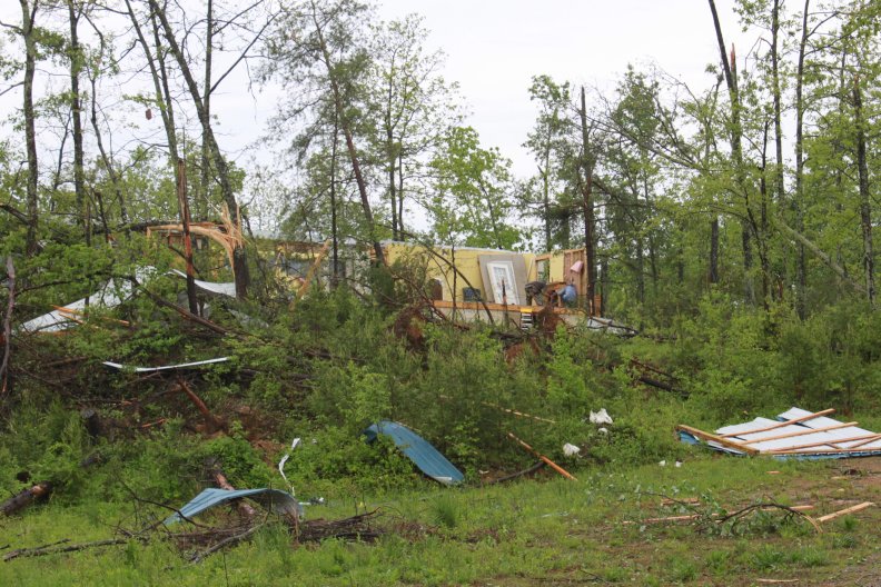 Photo of heavily damaged mobile home in Christian County
