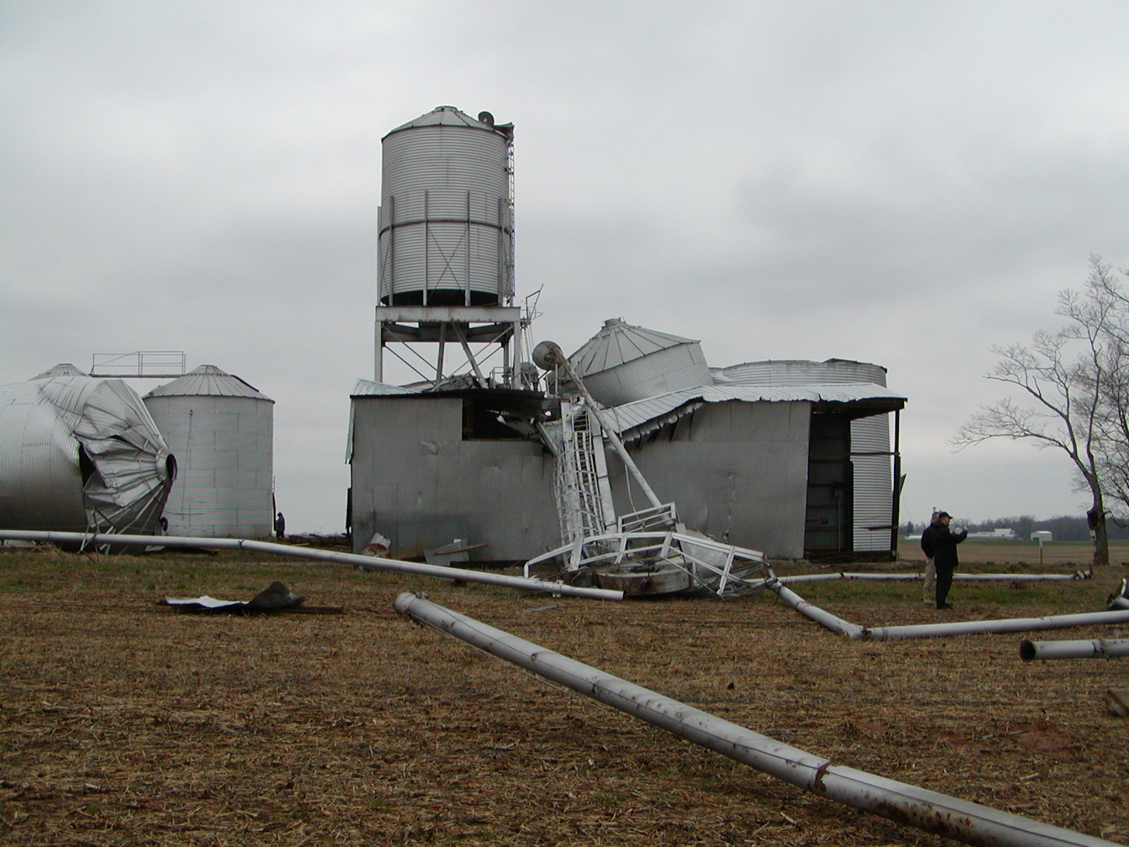 Photo of grain bins damaged by EF-2 tornado in Christian County