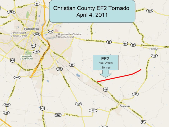 Tornado path map for the Hopkinsville area EF-2 tornado