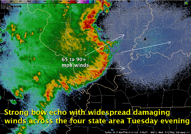 Radar image of the bow echo as it crossed southern Illinois on April 19