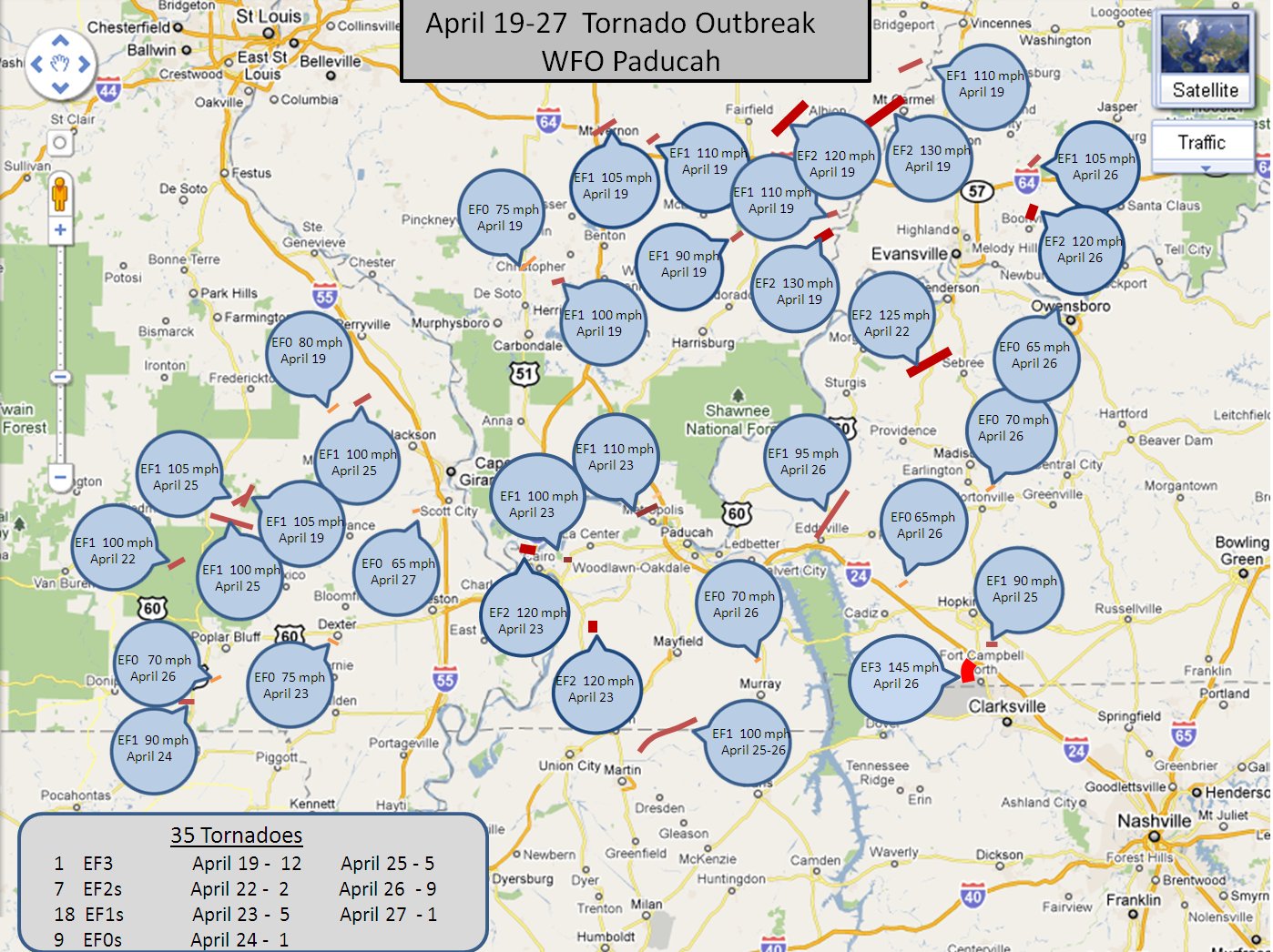 Tornado path map for the period April 19-27