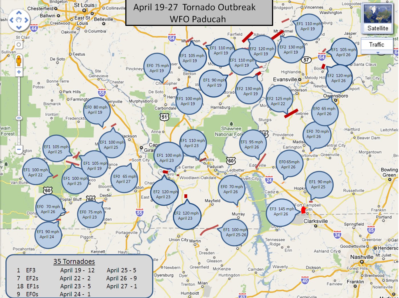 Tornado path map for the period April 19-27