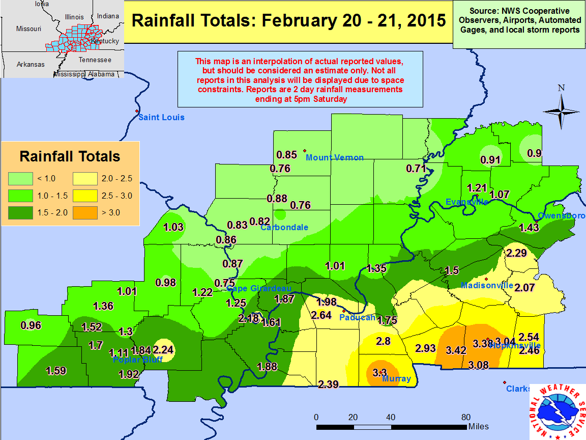 Map of precipitation totals for Feb. 20-21 storm