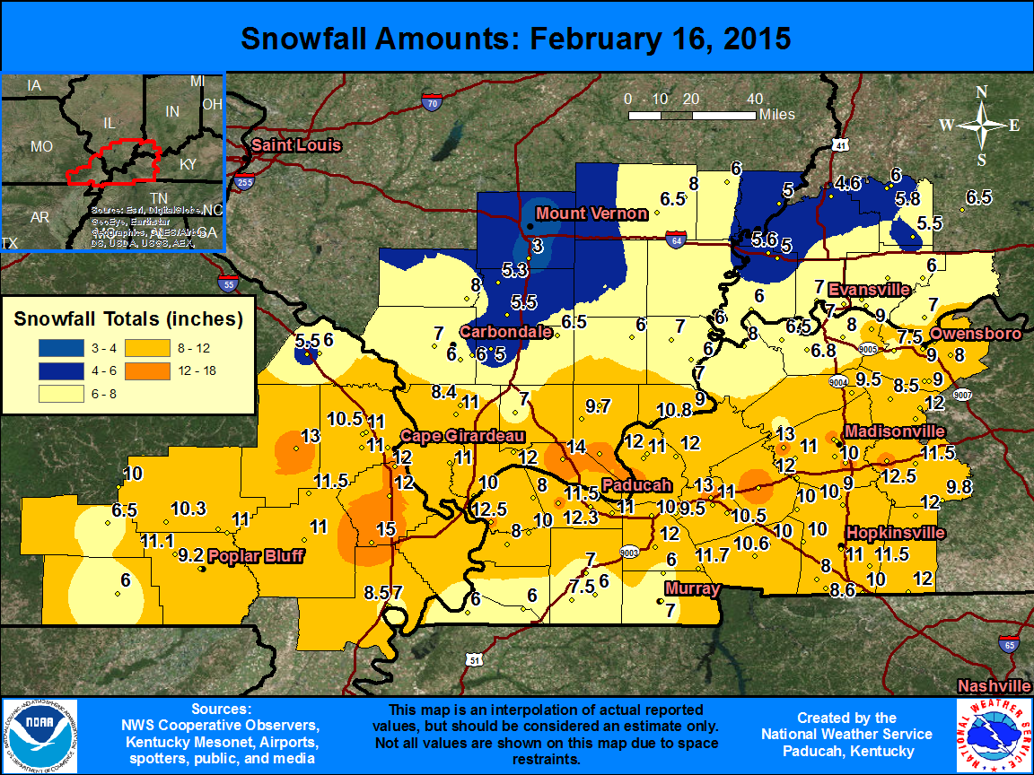 Snowfall amounts for Feb. 16 storm