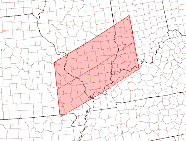 This image depicts a hypothetical Tornado Watch that may have been issued by the Storm Prediction Center for the afternoon of March 18, 1925.  It covers an area 70 statute miles north and south of a line from 30 miles southwest of Farmington, Missouri to 15 miles south of Bloomington, Indiana.