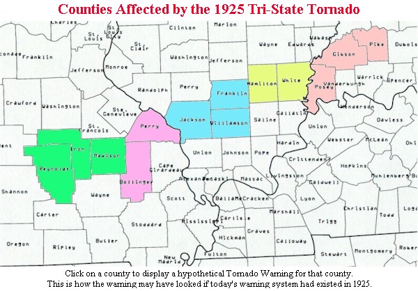 This map shows the progression of how Tornado Warnings might have been issued for the Tri-State Tornado if today's warning system had existed in 1925.