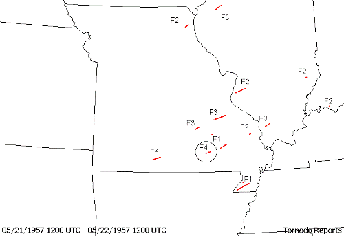 map of tornadoes 5-21-57