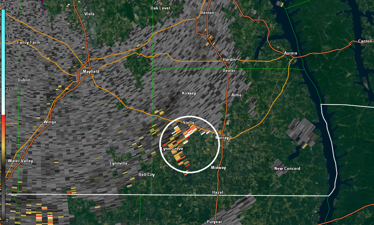 Radar Image of spectrum width showing a three body scatter spike, indicative of large hail at 116 PM CDT