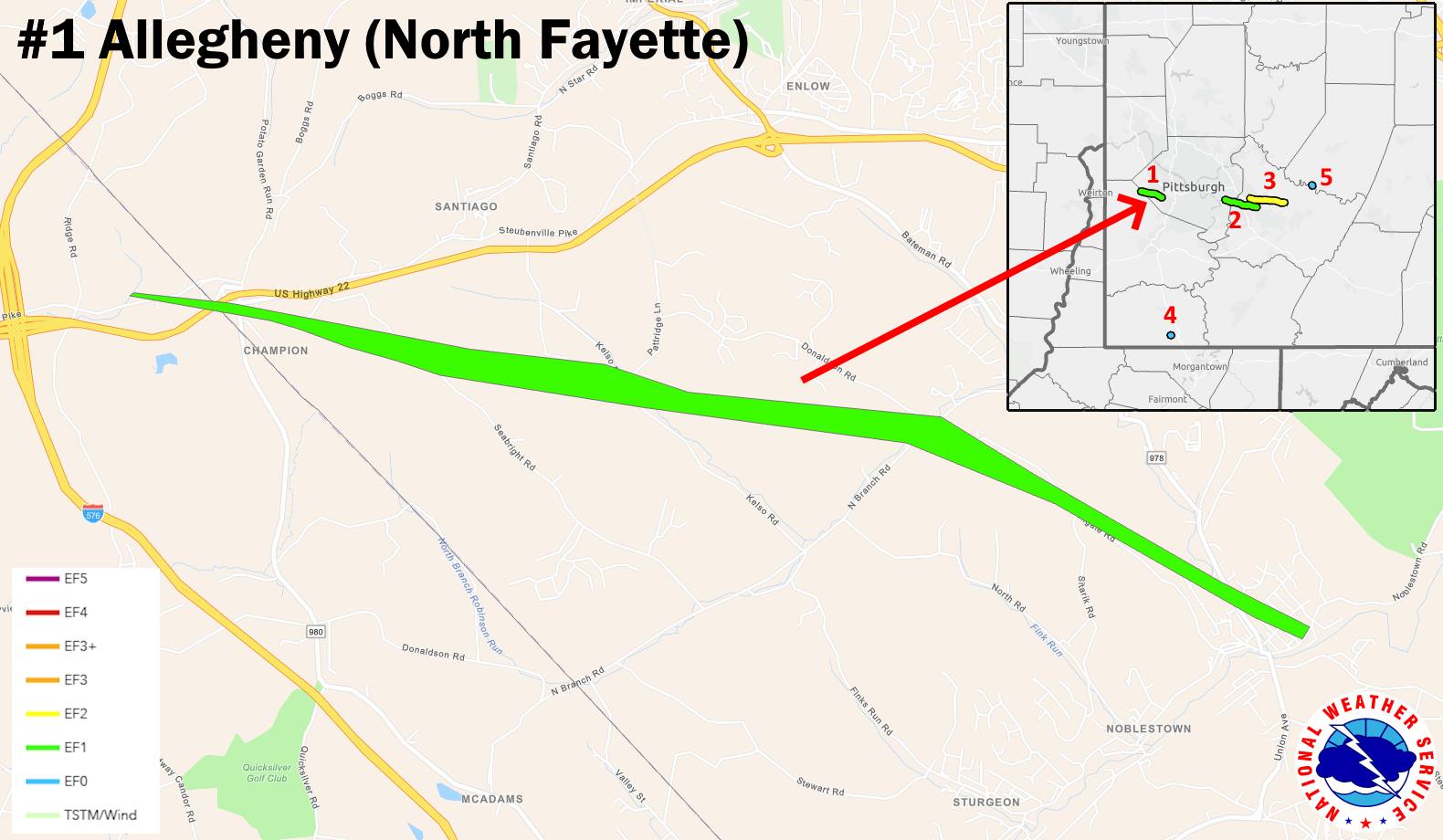 Map of the 1st confirmed tornado, in Allegheny County