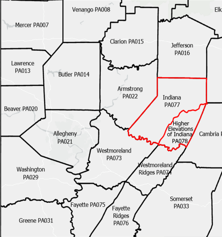 Map showing the new, split zones for Indiana County