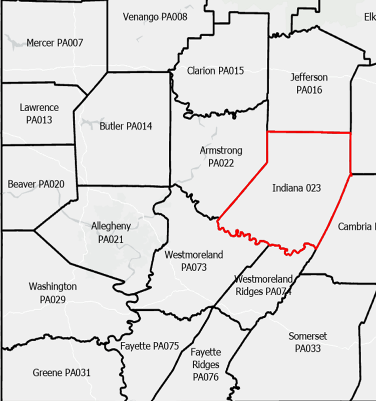 Map showing the old single zone for Indiana County