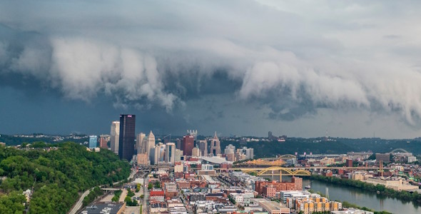 A picture of a storm approaching NWS Fort Worth with a large shelf cloud.