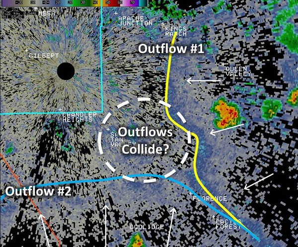 Outflow boundaries approach the far Southeast Valley.