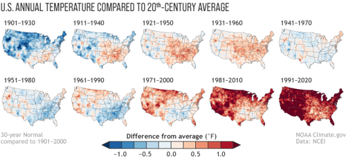 Two rows of small US maps showing annual U.S. temperatures during each official Normals compares to the 20th-century average