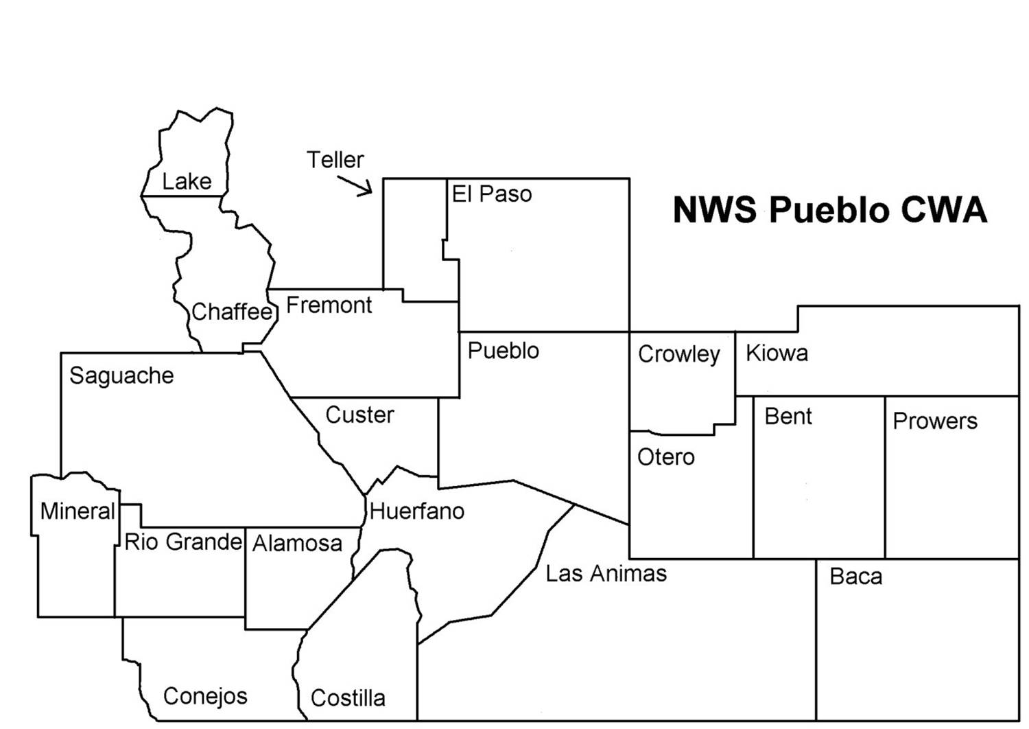 Map showing counties within the NWS Pueblo county warning area.