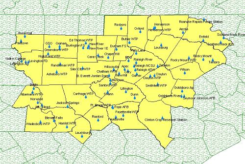 Map of cooperative observers for WFO RAH - Click to enlarge