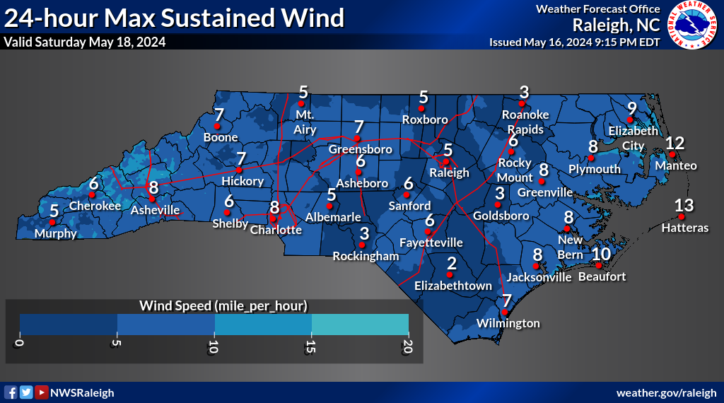 Today's Max Wind speeds Forecast for NC from NWS