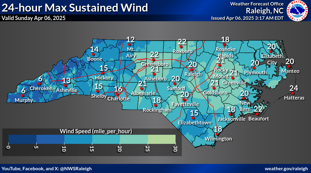 Today's Max Wind speeds Forecast for NC from NWS