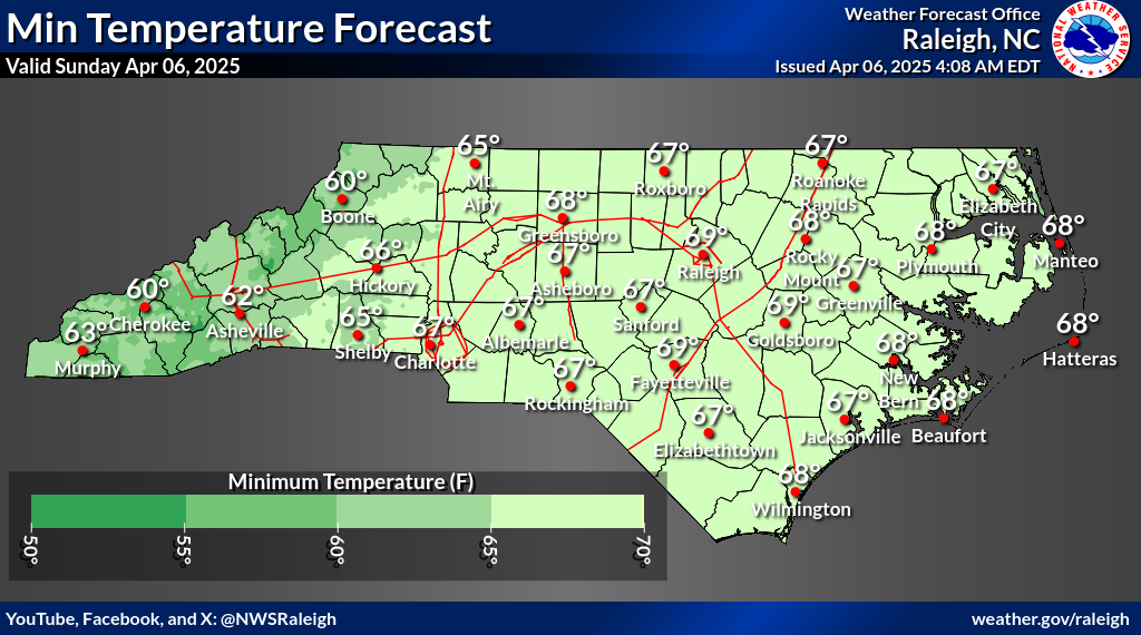 Today's Low Temp Forecast for NC from NWS