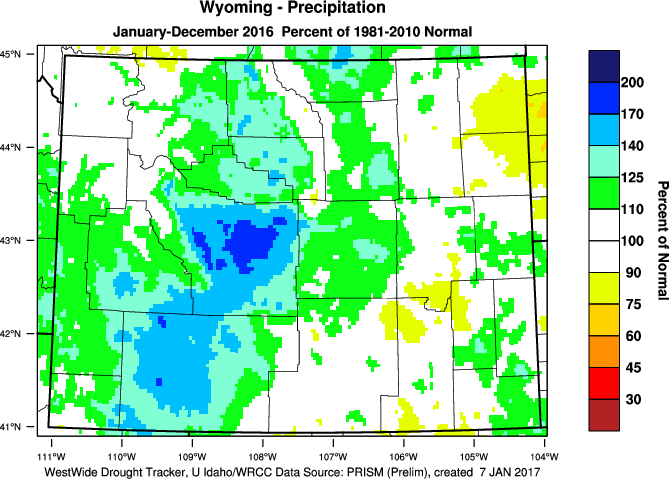 Wyoming: 2016 Percent of Normal Precipitation (Click to Enlarge)