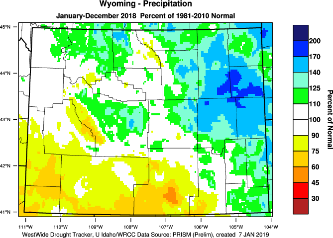 Wyoming: 2018 Percent of Normal Precipitation - Click to Enlarge Wyoming: 2018 Percent of Normal Precipitation (Click to Enlarge)
