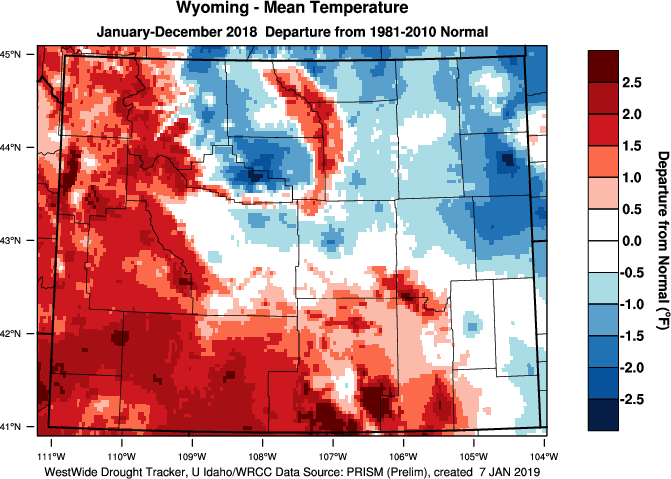 Wyoming: 2018 Departure from Normal Temperature - Click to Enlarge Wyoming: 2018 Departure from Normal Temperature