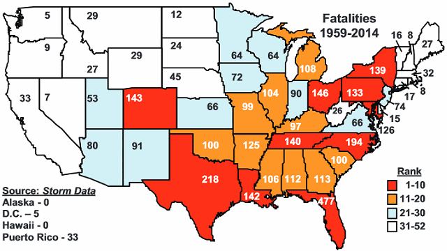 Map of total lightning fatalities by state from 1959-2014