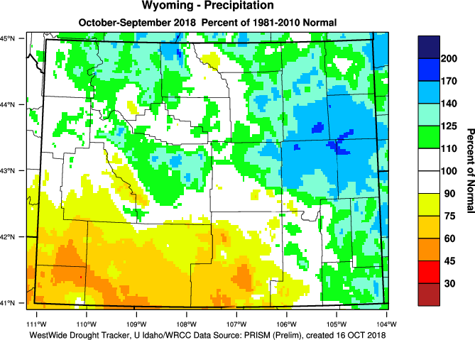 Wyoming: 2018 Percent of Normal Precipitation - Click to Enlarge Wyoming: Water Year 2017-18 Percent of Normal Precipitation (Click to Enlarge)