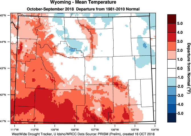 Wyoming: 2018 Departure from Normal Temperature - Click to Enlarge Wyoming: Water Year 2017-18 Departure from Normal Temperature