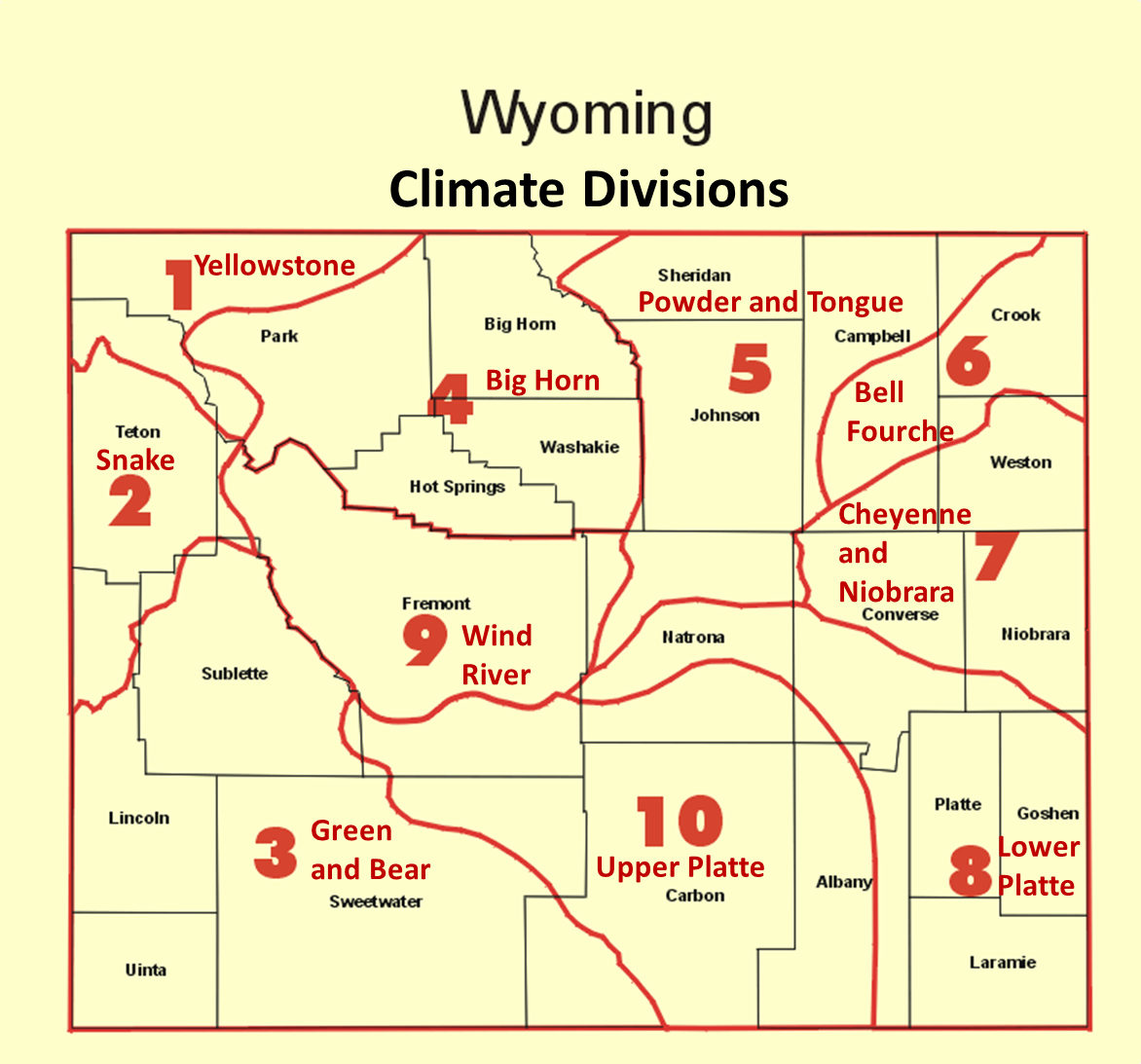 Wyoming Climate Divisions Map - Click to Enlarge