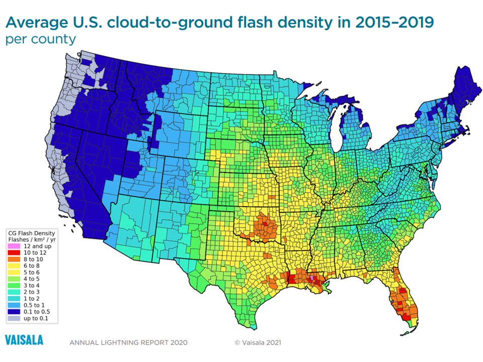 Map of Cloud to Ground Lightning Strikes 2015-2019