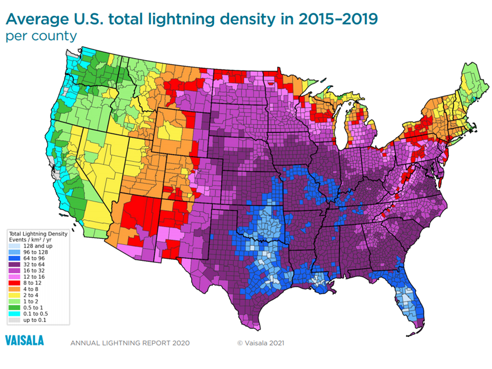 Map of Total Lightning Density 2015-2019