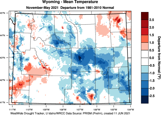 Wyoming: Water Year 202019 Departure from Normal Temperature