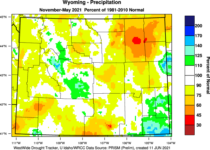 Wyoming: Water Year 2020-19 Percent of Normal Precipitation (Click to Enlarge)