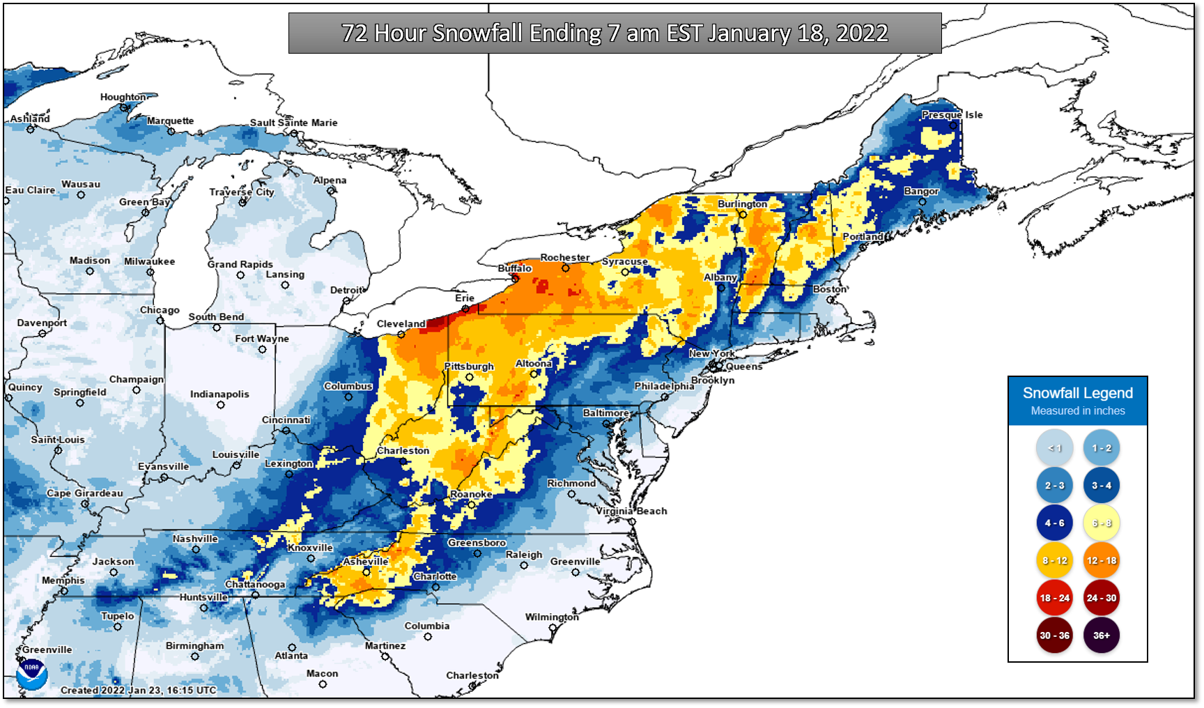 Snowfall summary for 72 hour period ending 7 am EST January 18, 2022