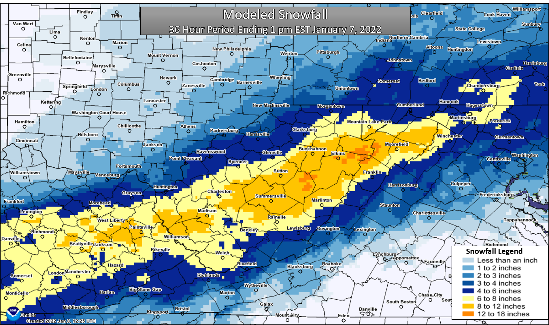 Snowfall summary for 36 hour period ending 1 pm EST Friday January 7, 2022