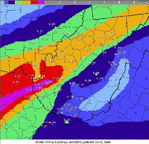 Figure 6 - Storm total precipitation map in inches from January 22-23, 2006.